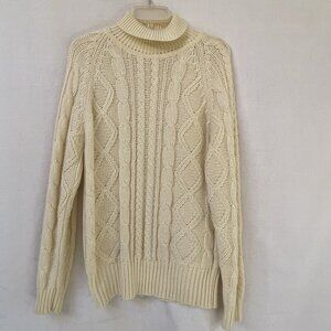 Vintage Cable Knit Fisherman Sweater Cream Womens Medium Chunky Turtleneck